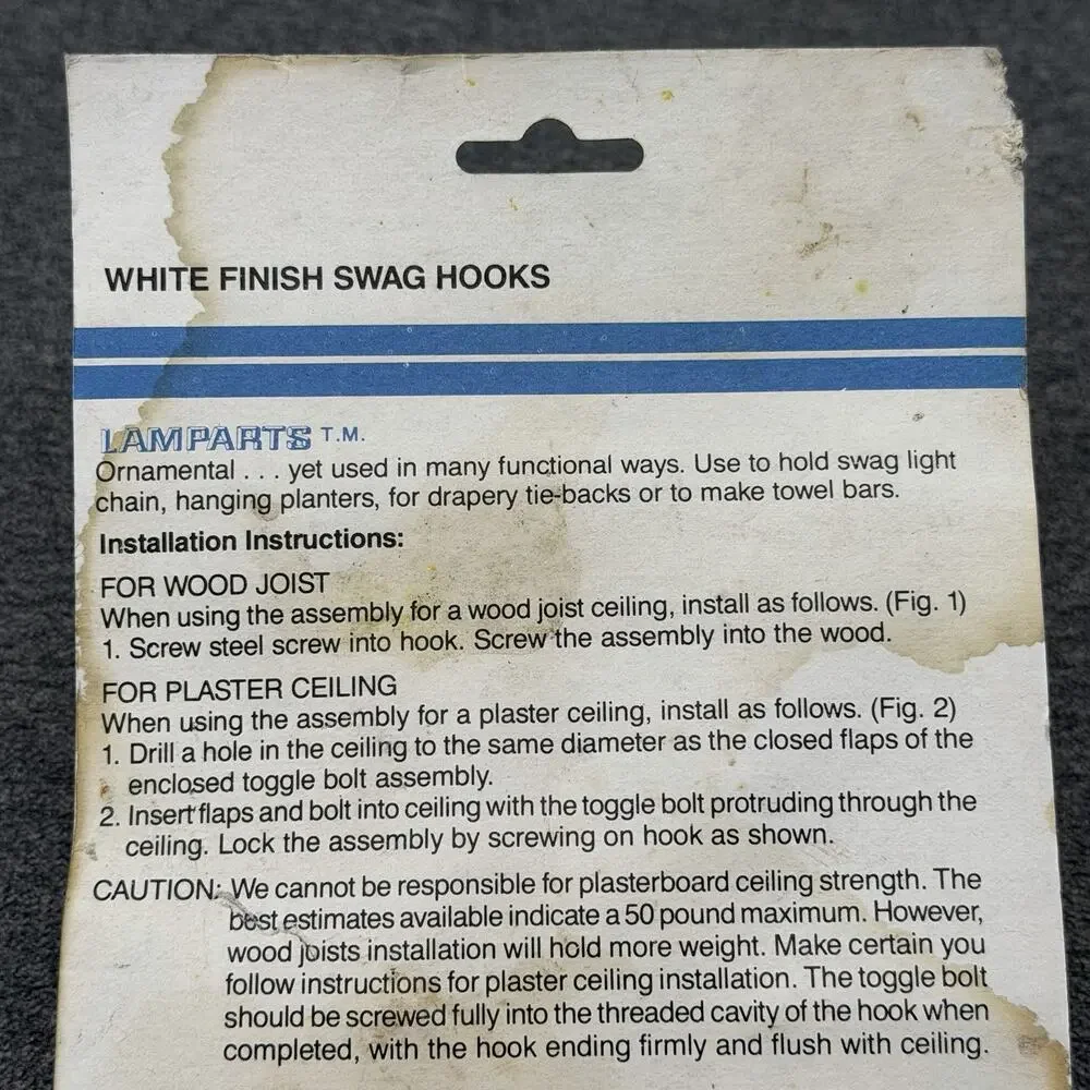 Vintage 1980s Angelo White Decorative Ceiling Swag Hooks NOS Item 70770 USA